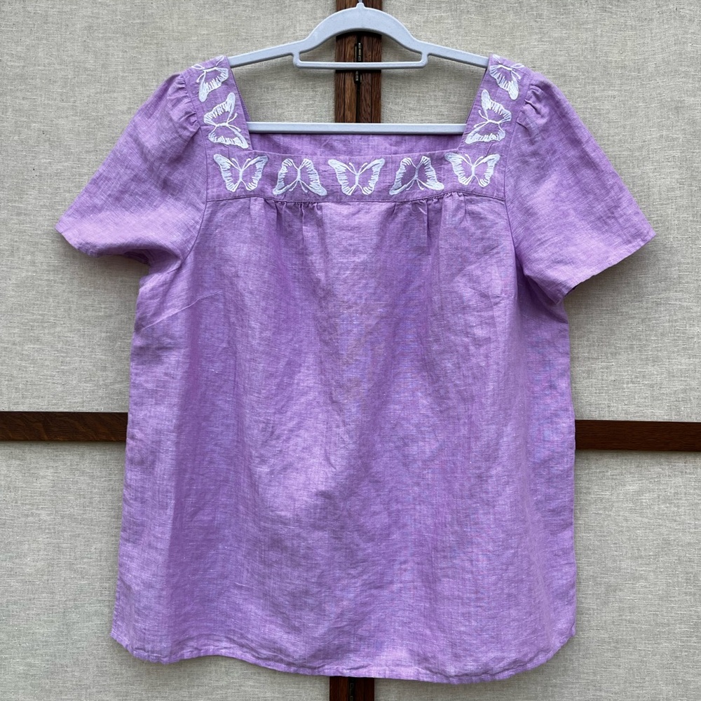 Talbots Butterfly Embroidered Linen Cotton Lavender Square Neck Top Cross Dye XL - Picture 4 of 10